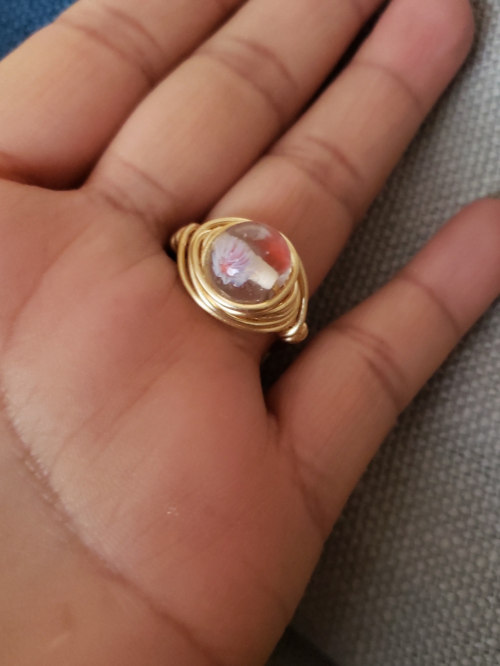 New Gold Wire-Wrapped Clear Glass  Ring Size 8